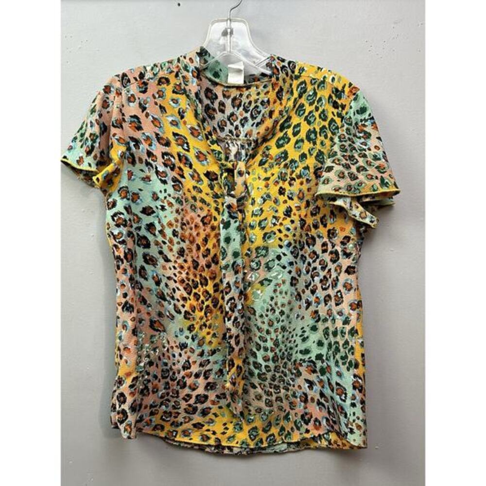 VTG 90s Y2K‎ Fabiola USA Top Womens Large Animal Tie Neck Colorful Artsy